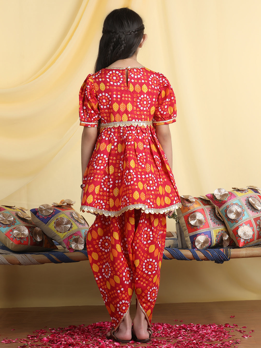 Cutiekins Girls Tropical Print Angrakha Kurta & Dhoti Pant -Red & Mustard