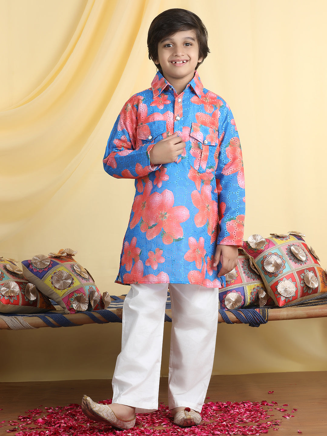 Cutiekins Boys Floral Print Shirt Collar Kurta & Pajama Set -Blue & White