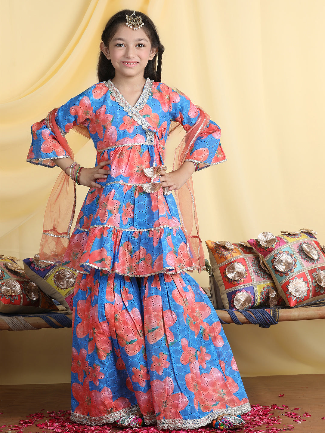 Cutiekins Girls Floral Print Angrakha Kurta & Sharara With Dupatta -Blue & Orange