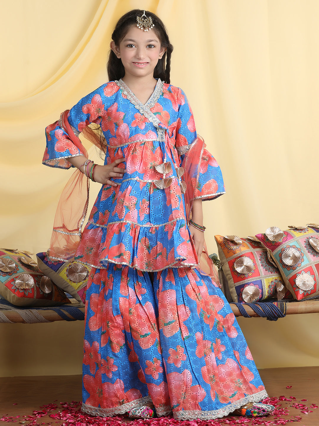 Cutiekins Girls Floral Print Angrakha Kurta & Sharara With Dupatta -Blue & Orange