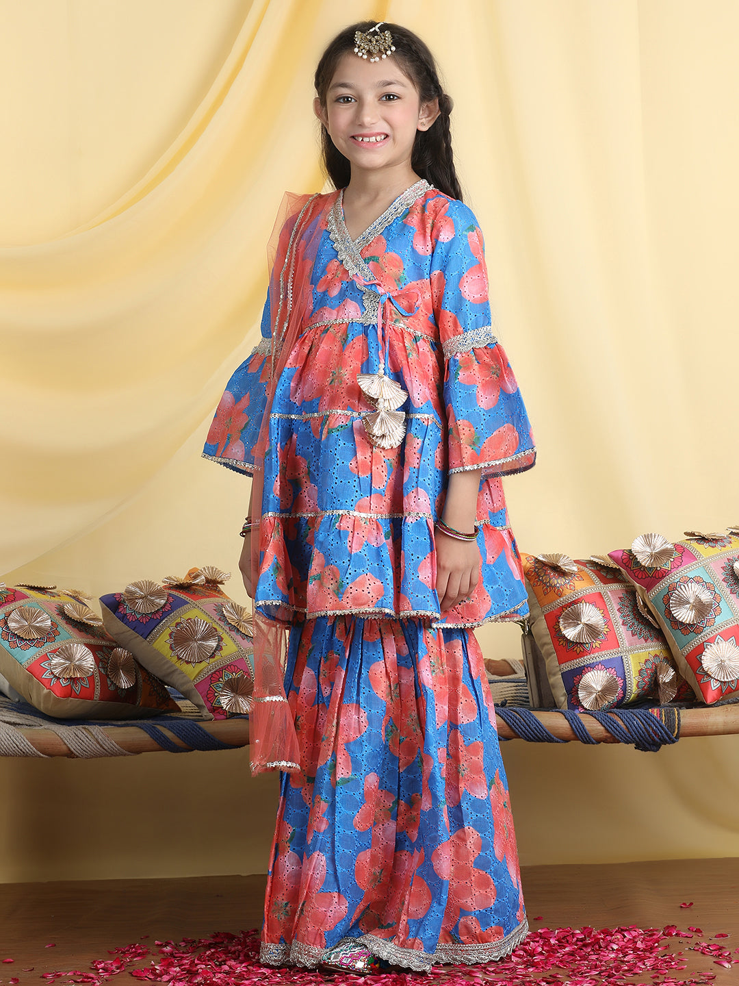 Cutiekins Girls Floral Print Angrakha Kurta & Sharara With Dupatta -Blue & Orange