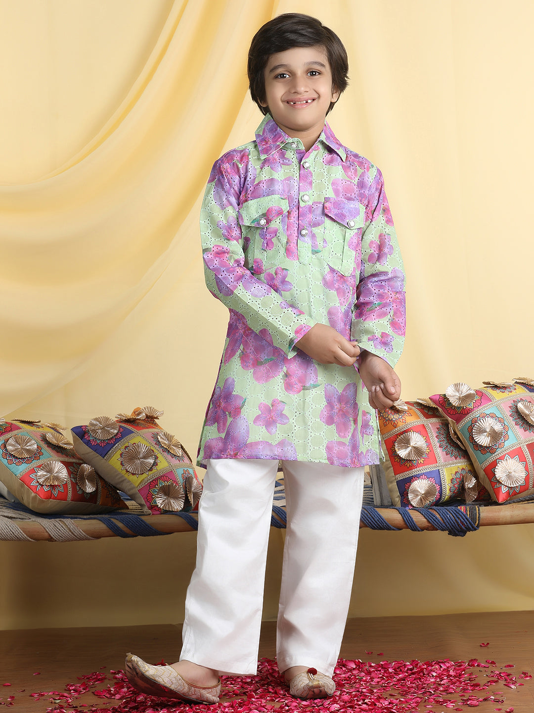 Cutiekins Boys Floral Print Shirt Collar Kurta & Pajama Set -Green & White