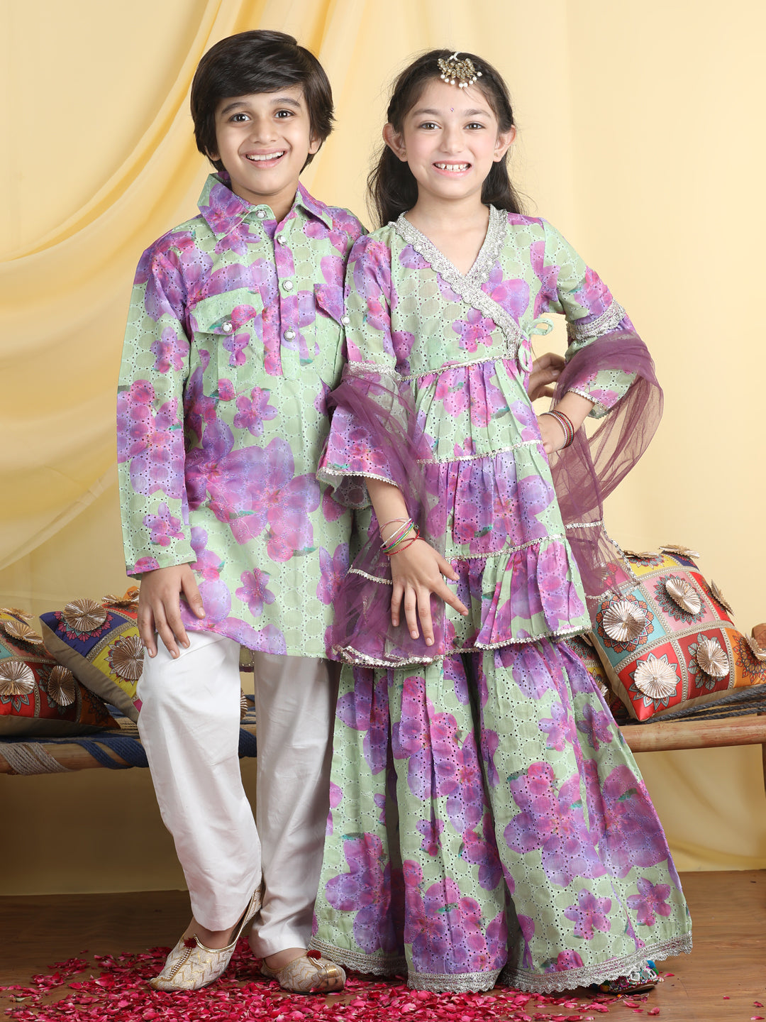 Cutiekins Floral Print Kurta Sharara With Kurta Pyjama Sibling Set For Rakhi Traditional Wear -Green & Purple