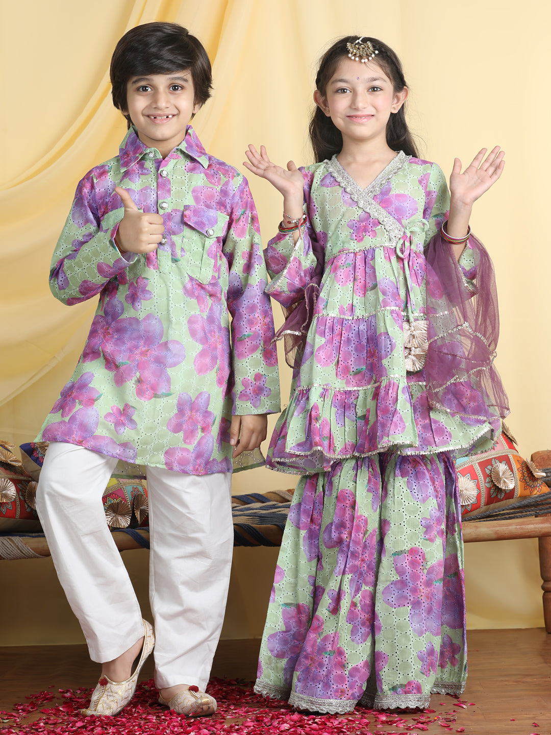 Cutiekins Floral Print Kurta Sharara With Kurta Pyjama Sibling Set For Rakhi Traditional Wear -Green & Purple