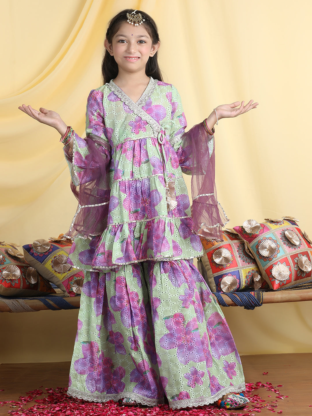 Cutiekins Girls Floral Print Angrakha Kurta & Sharara With Dupatta -Green & Purple