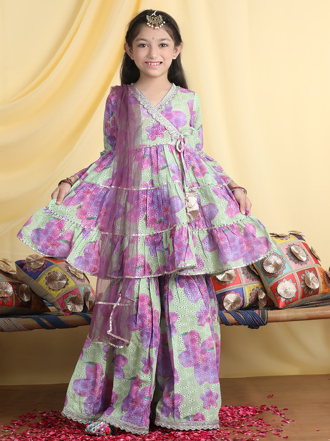 Cutiekins Girls Floral Print Angrakha Kurta & Sharara With Dupatta -Green & Purple