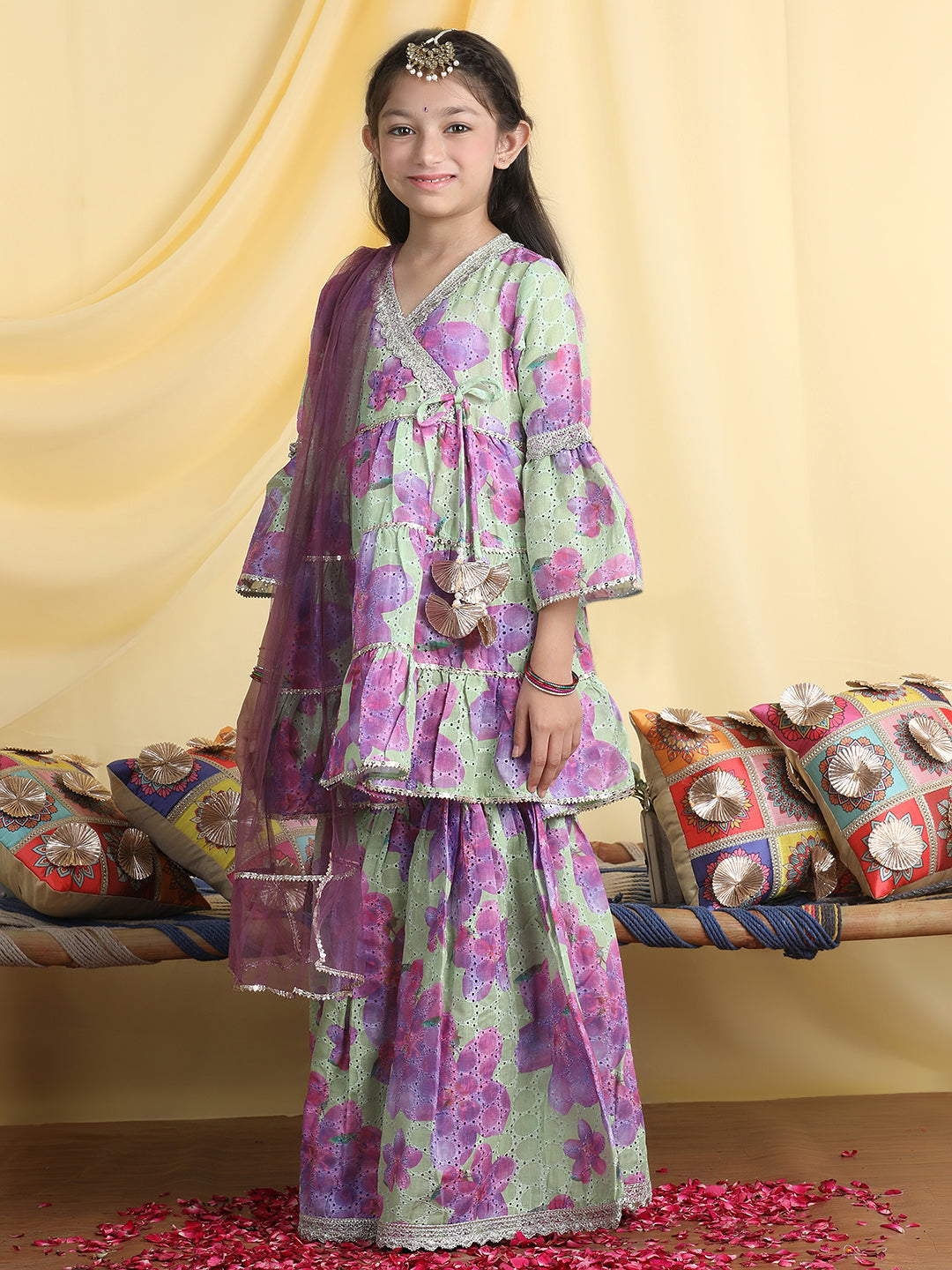 Cutiekins Girls Floral Print Angrakha Kurta & Sharara With Dupatta -Green & Purple