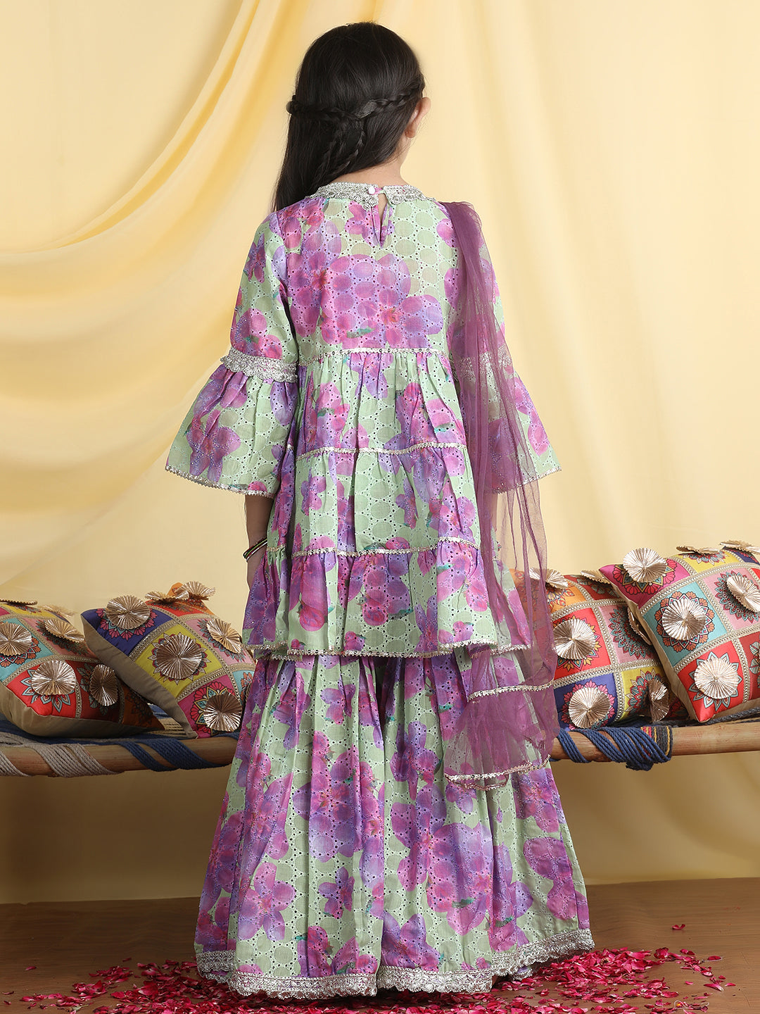 Cutiekins Girls Floral Print Angrakha Kurta & Sharara With Dupatta -Green & Purple