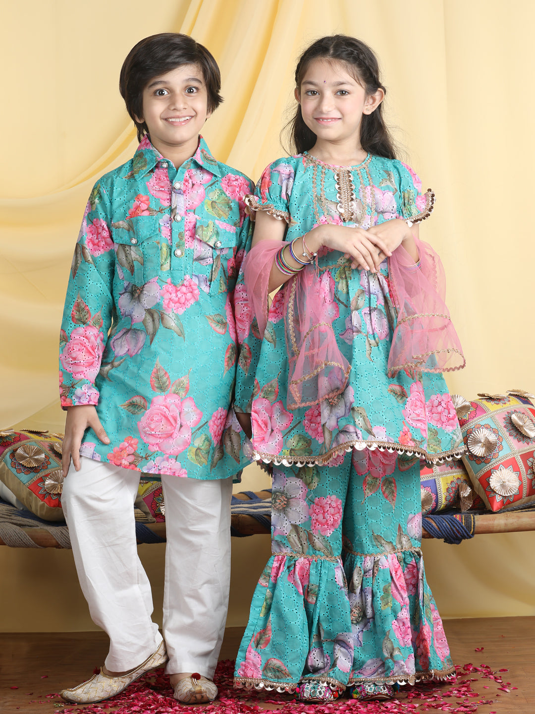 Cutiekins Floral Print Kurta Sharara with Kurta Pyajama Sibling Set For Rakhi Traditional Wear -Sea Green & Pink