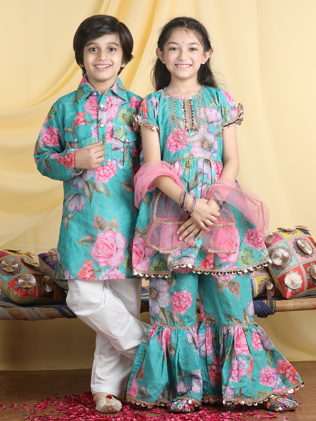 Cutiekins Floral Print Kurta Sharara with Kurta Pyajama Sibling Set For Rakhi Traditional Wear -Sea Green & Pink