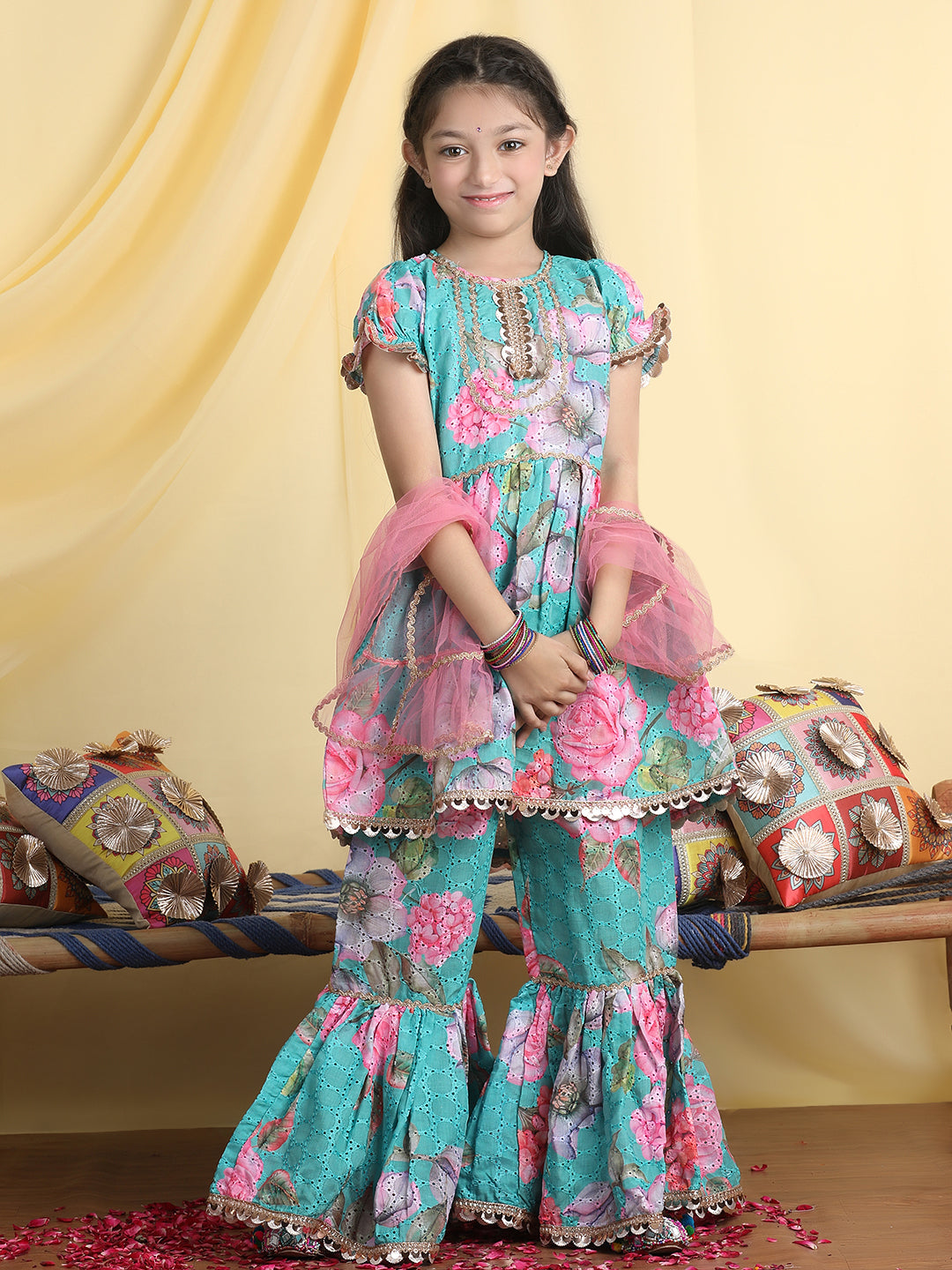 Cutiekins Girls Floral Print Empire Gota Patti Kurta & Sharara With Dupatta -Sea Green & Pink