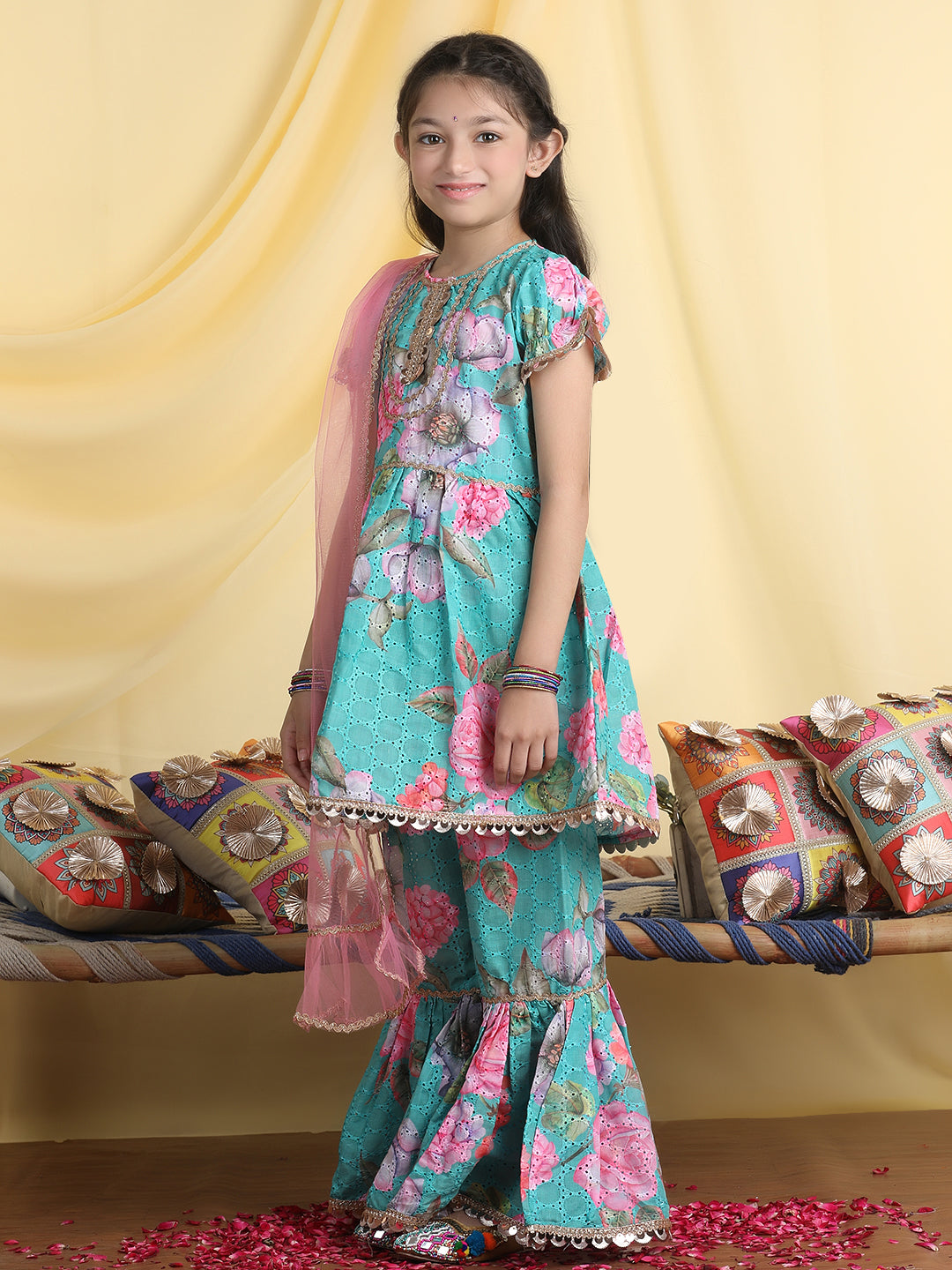 Cutiekins Girls Floral Print Empire Gota Patti Kurta & Sharara With Dupatta -Sea Green & Pink