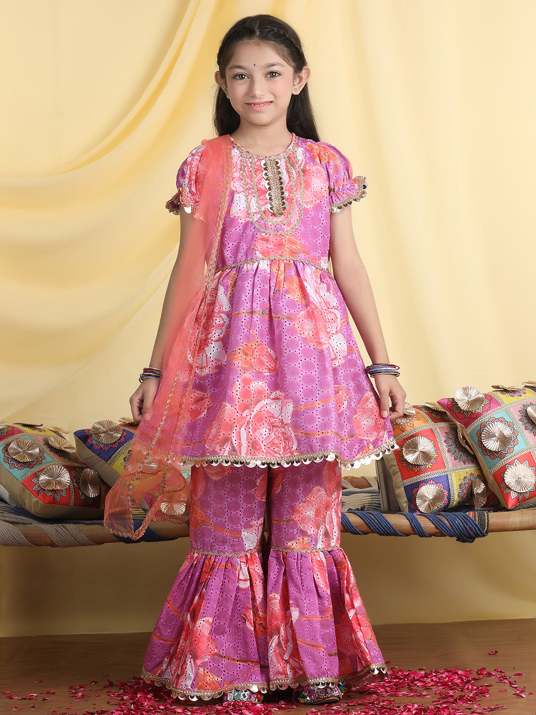 Cutiekins Girls Floral Print Empire Gota Patti Kurta & Sharara With Dupatta -Bright Purple & Orange