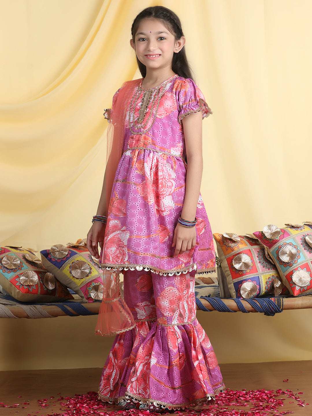 Cutiekins Girls Floral Print Empire Gota Patti Kurta & Sharara With Dupatta -Bright Purple & Orange