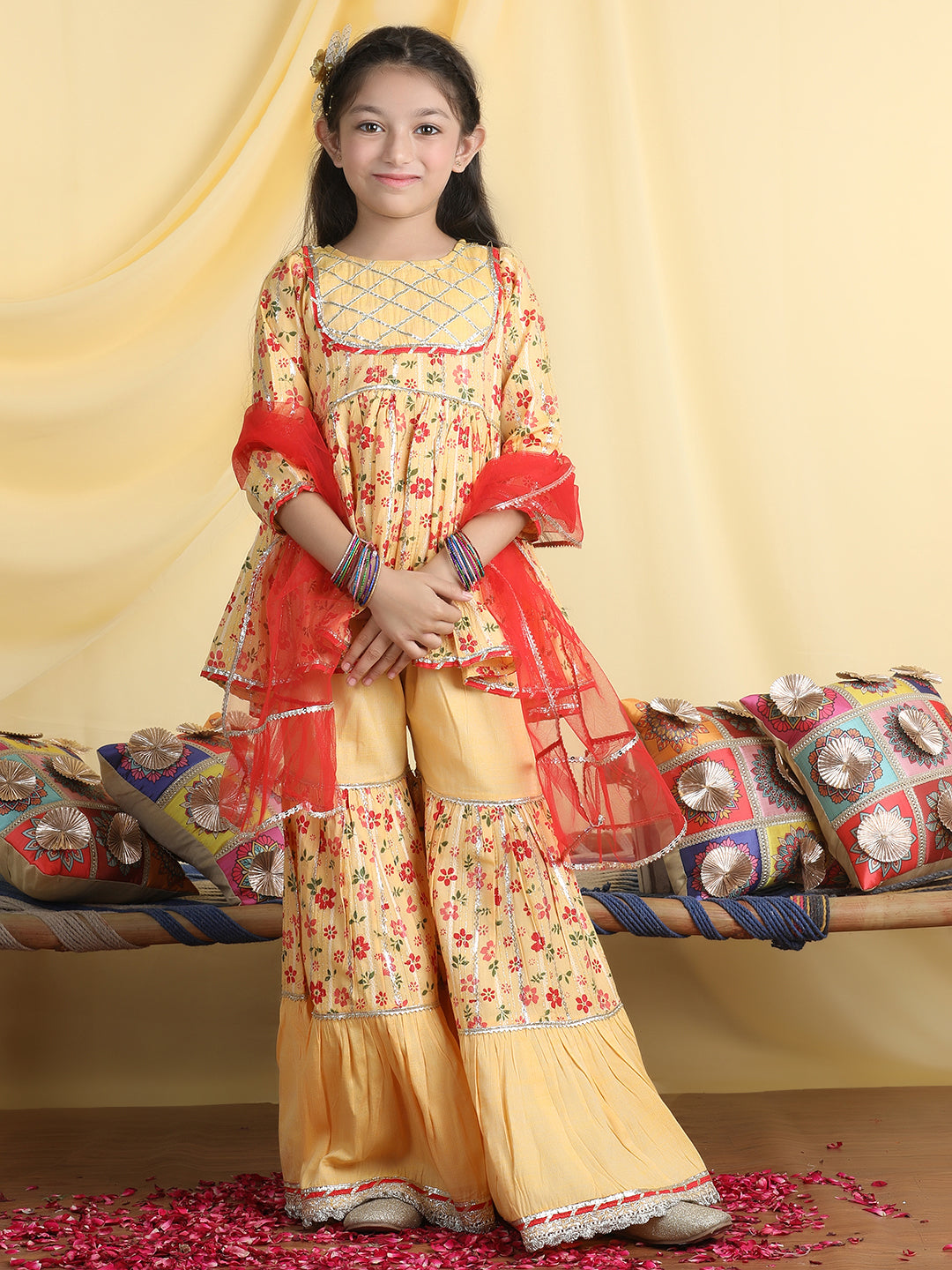 Cutiekins Girls Floral Print Gota Patti Kurta & Sharara With Dupatta -Mustard & Red