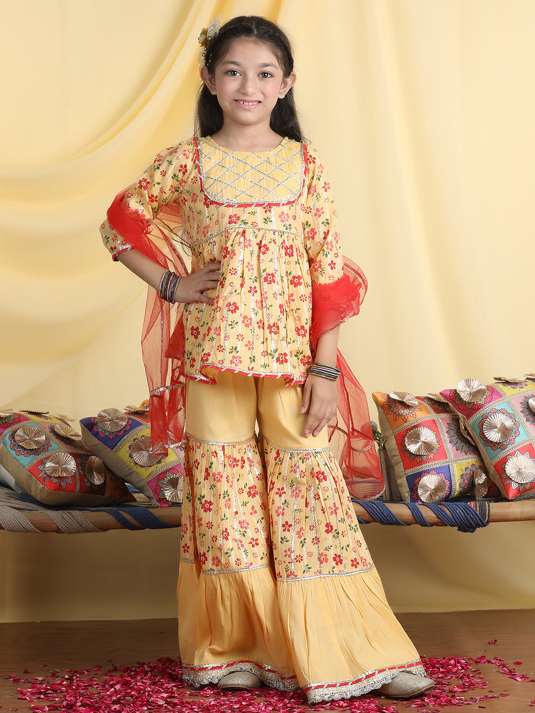 Cutiekins Girls Floral Print Gota Patti Kurta & Sharara With Dupatta -Mustard & Red