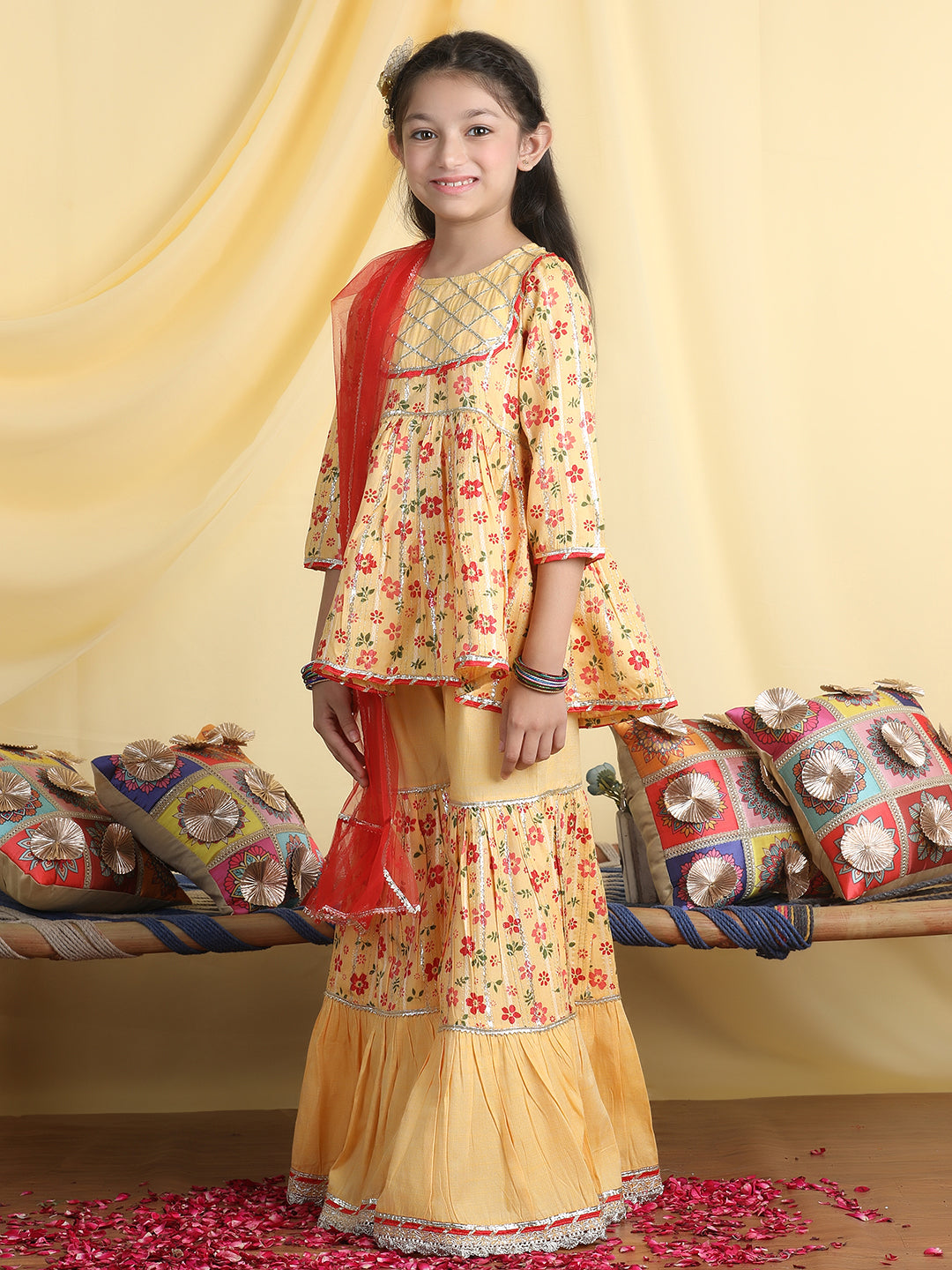 Cutiekins Girls Floral Print Gota Patti Kurta & Sharara With Dupatta -Mustard & Red