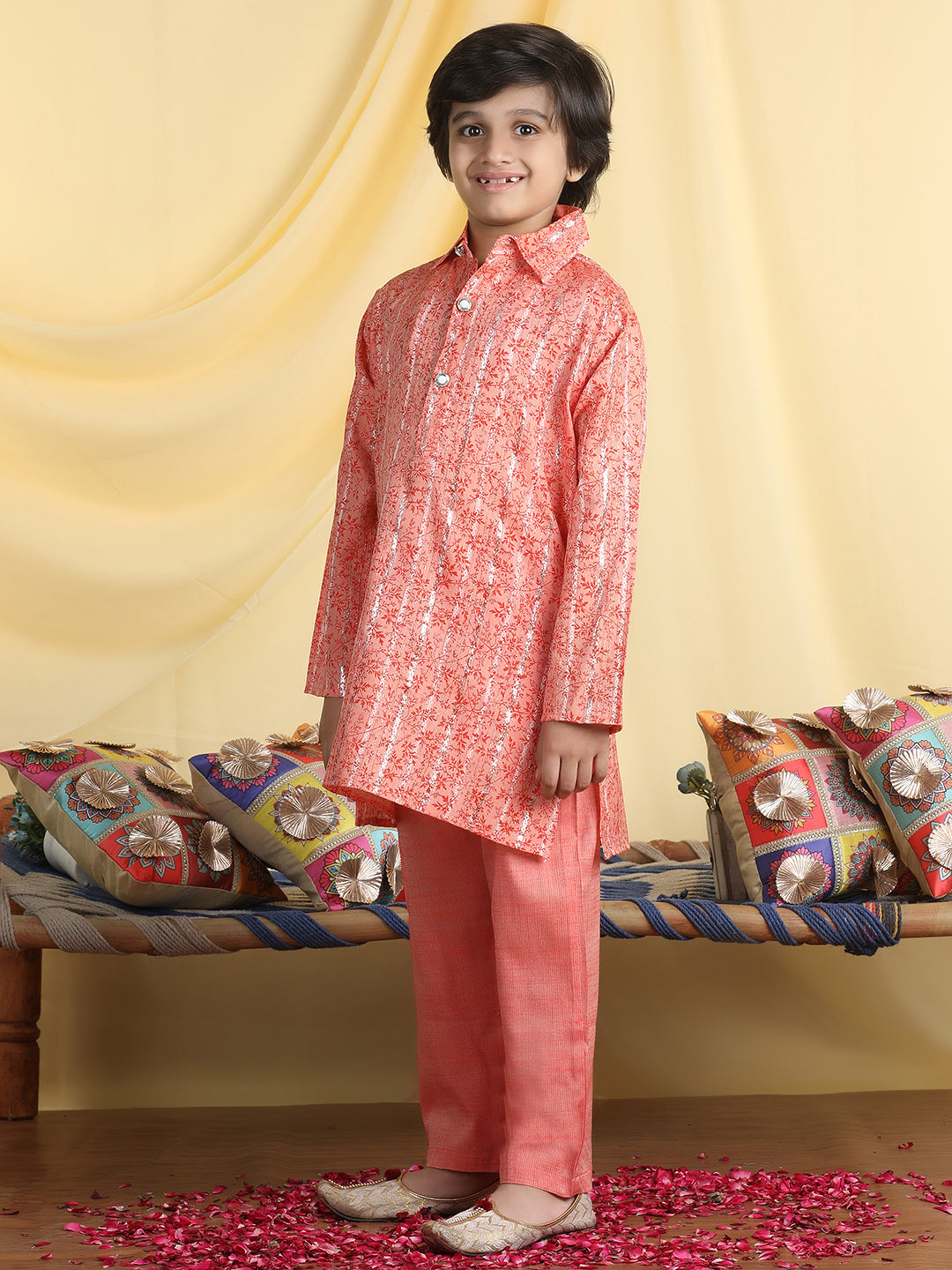 Cutiekins Boys Floral Print Shirt Collar Kurta with Pajama -Coral & Orange