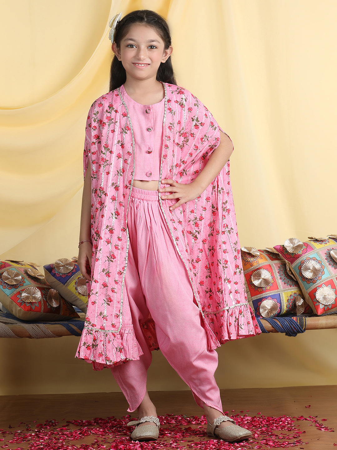 Cutiekins Girls Solid Crop Top & Dhoti Pant With Floral Print Shrug -Pink & Red