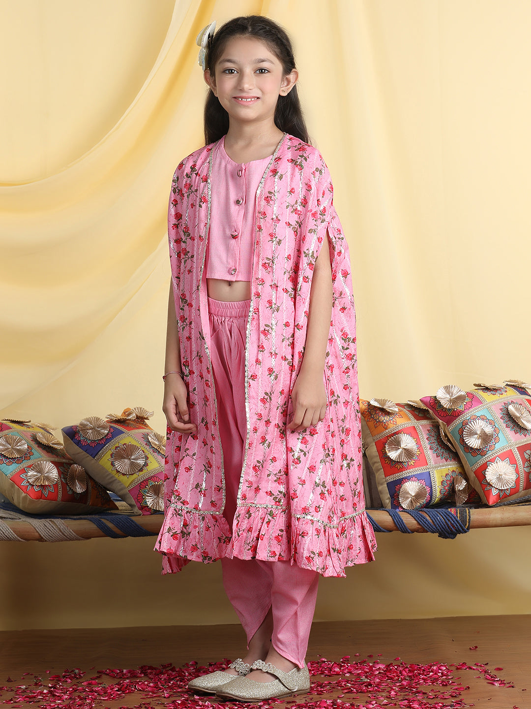 Cutiekins Girls Solid Crop Top & Dhoti Pant With Floral Print Shrug -Pink & Red