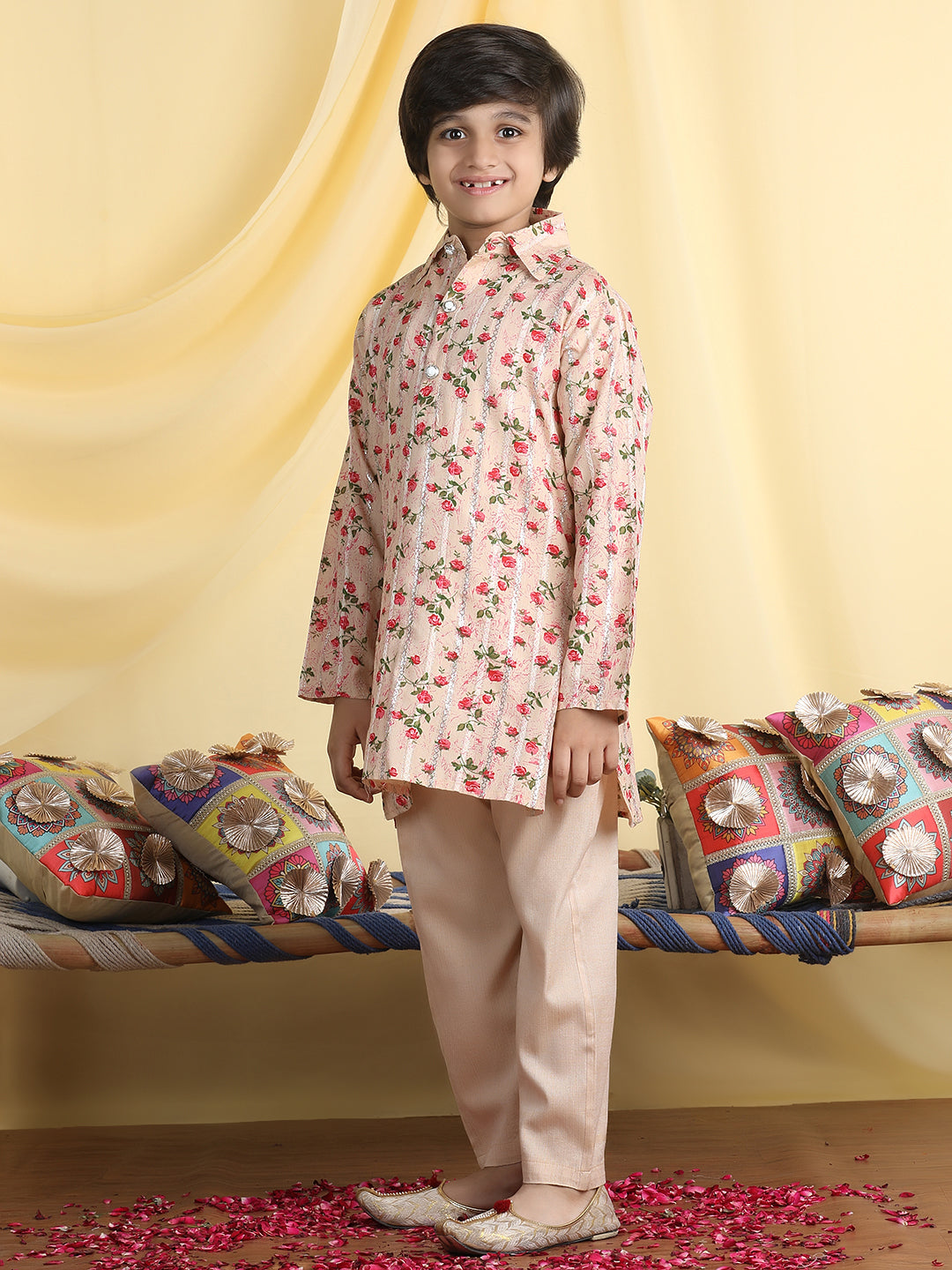 Cutiekins Boys Floral Print Shirt Collar Kurta with Pajama -Beige & Red