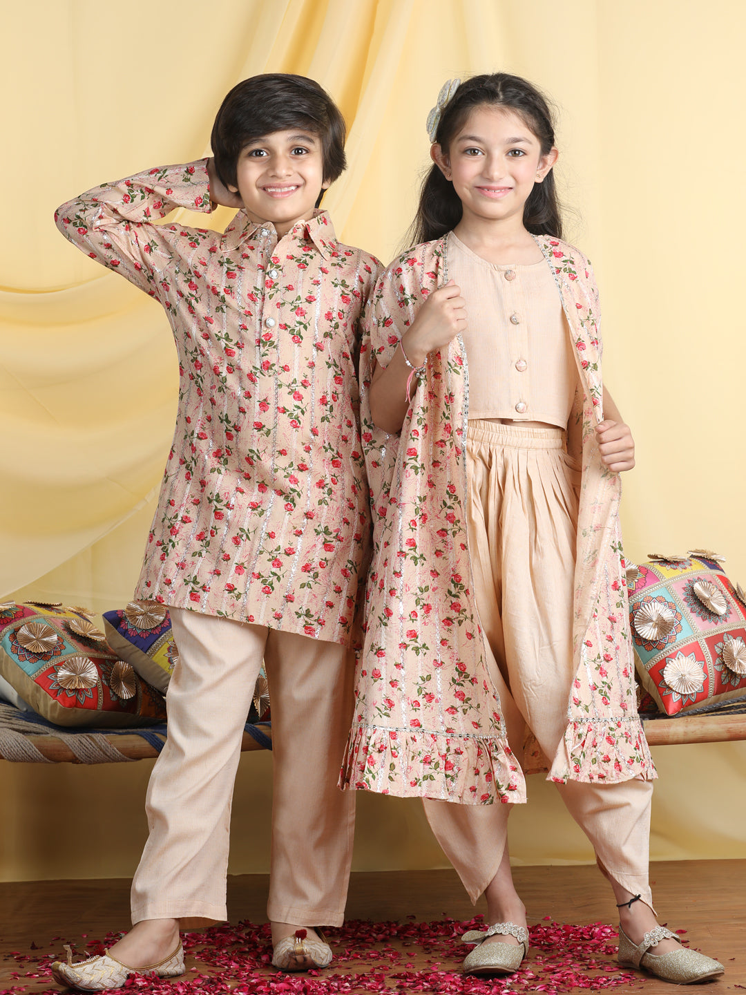 Cutiekins Girls Shrung Set with Boys Kurta Pyjama Siblinge Set for Rakhi Traditional Wear -Beige & Red