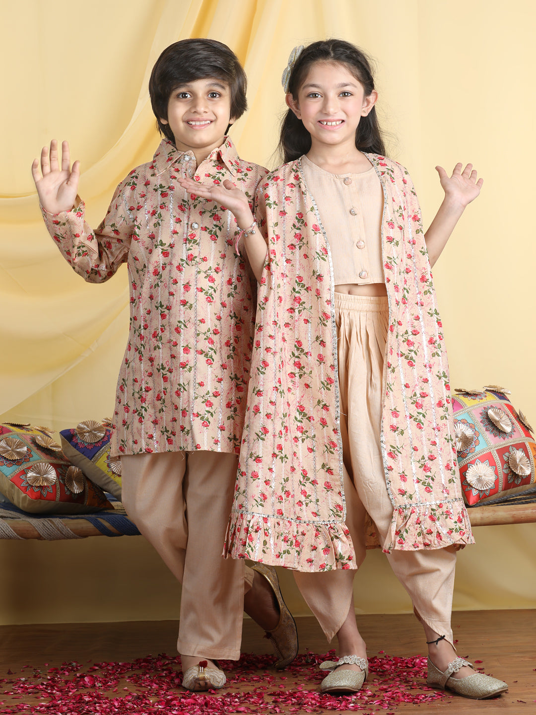 Cutiekins Girls Shrung Set with Boys Kurta Pyjama Siblinge Set for Rakhi Traditional Wear -Beige & Red