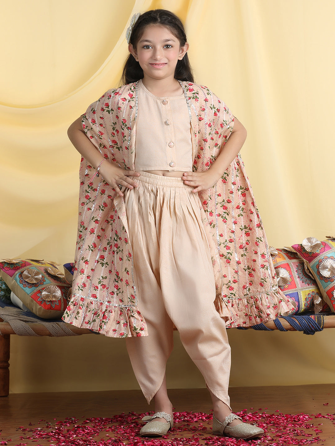 Cutiekins Girls Solid Crop Top & Dhoti Pant With Floral Print Shrug -Beige & Red