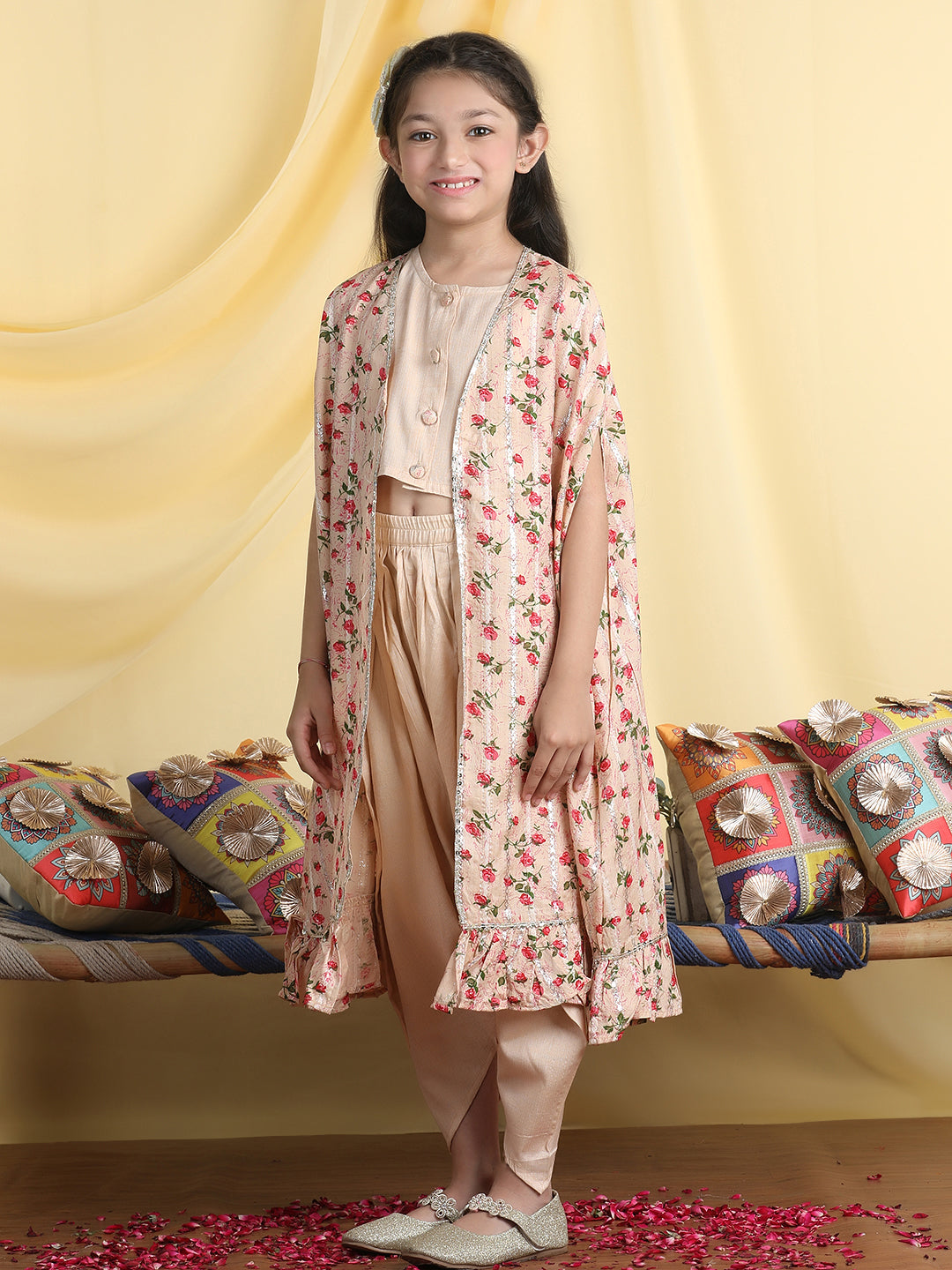 Cutiekins Girls Solid Crop Top & Dhoti Pant With Floral Print Shrug -Beige & Red