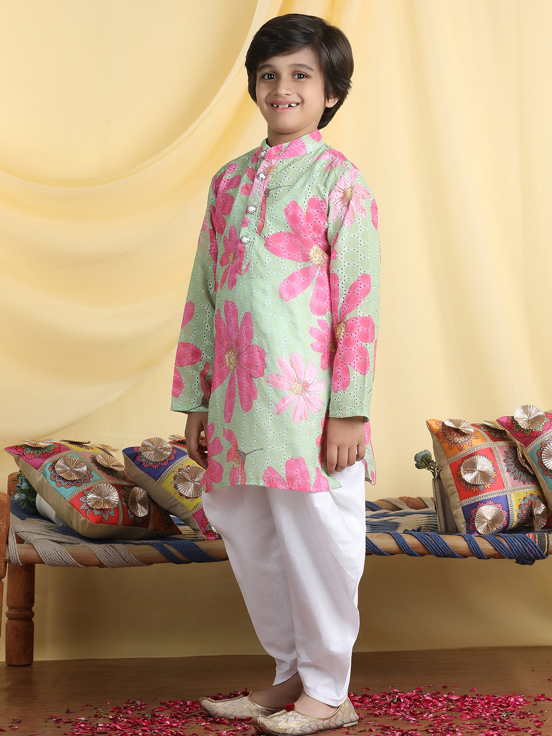 Cutiekins Boys Floral Print Mandarin Collar Kurta with Dhoti -Green & White