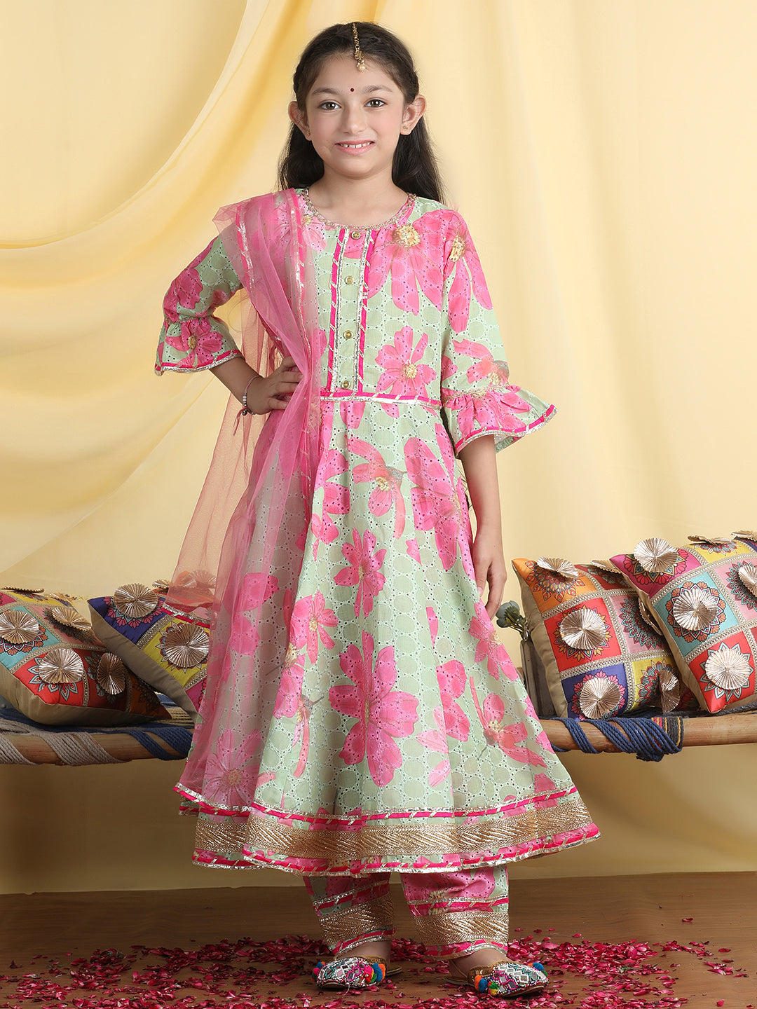 Cutiekins Girl Floral Print Anarkali Kurta & Palazzo With Dupatta -Green & Pink