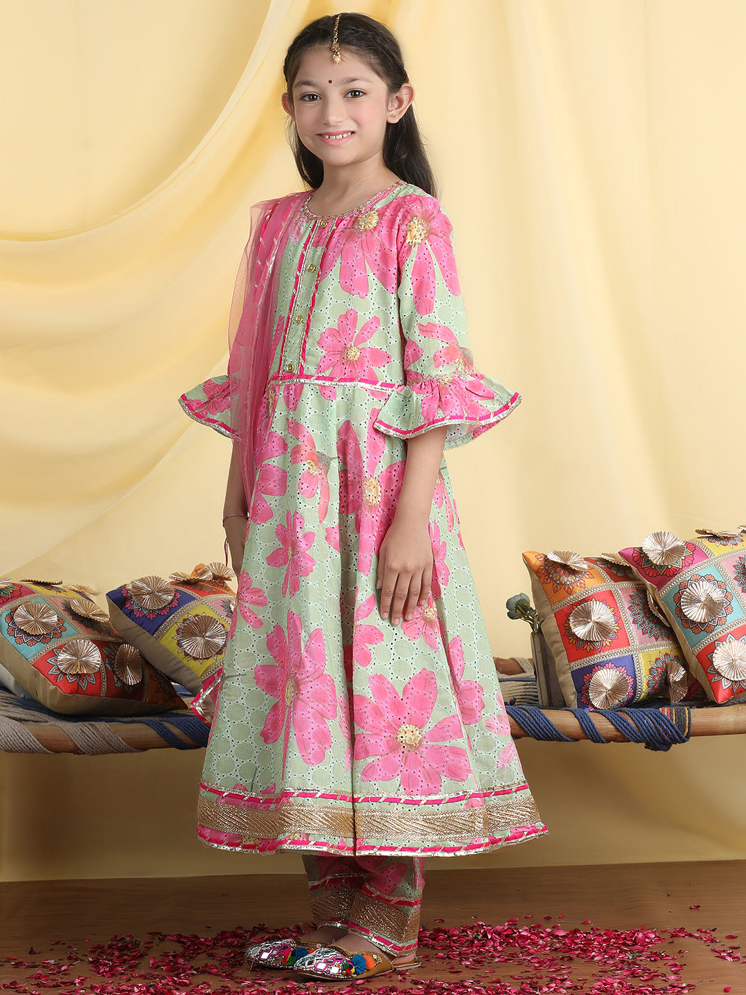 Cutiekins Girl Floral Print Anarkali Kurta & Palazzo With Dupatta -Green & Pink