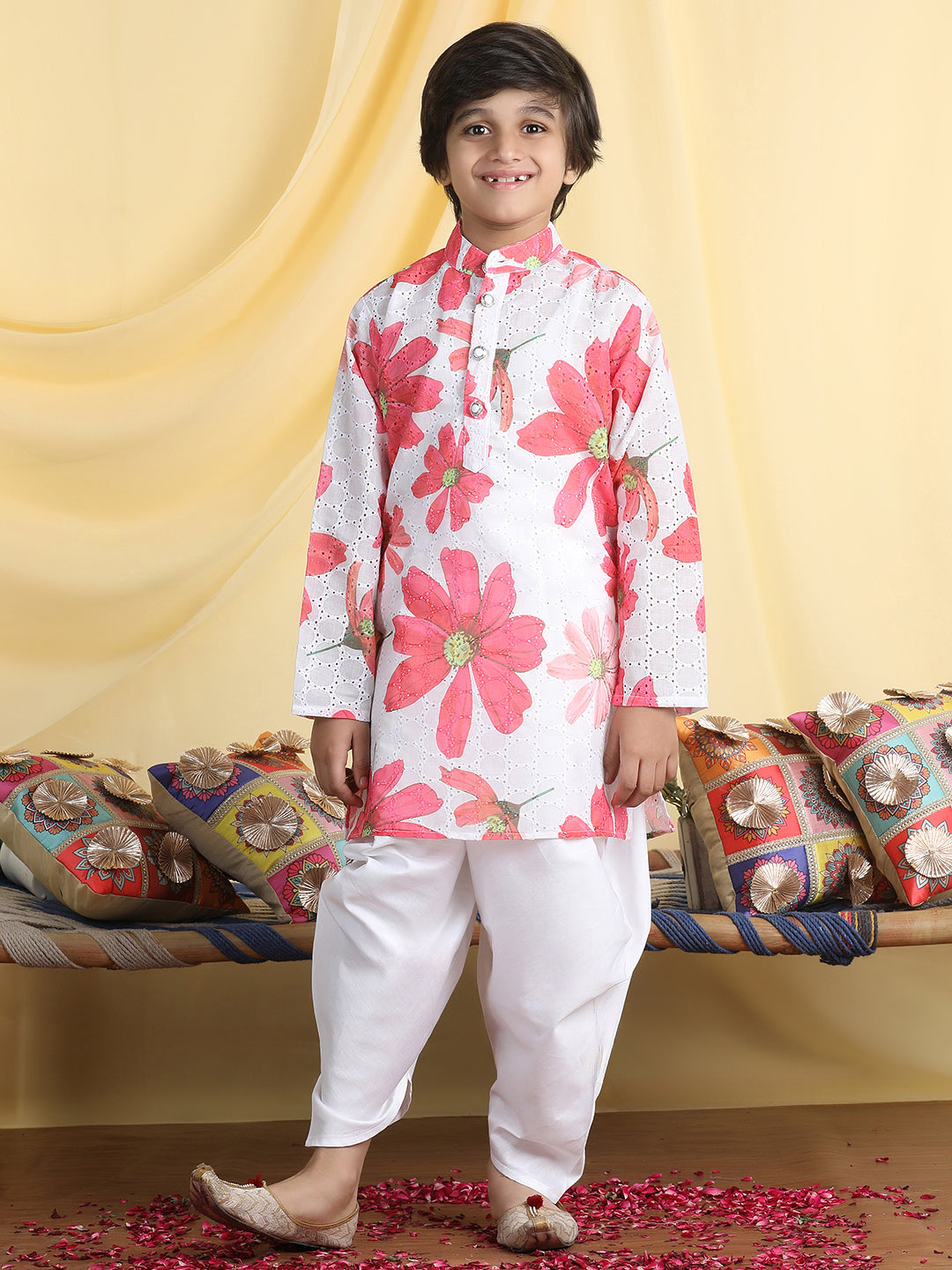 Cutiekins Boys Floral Print Mandarin Collar Kurta with Dhoti -White & Red
