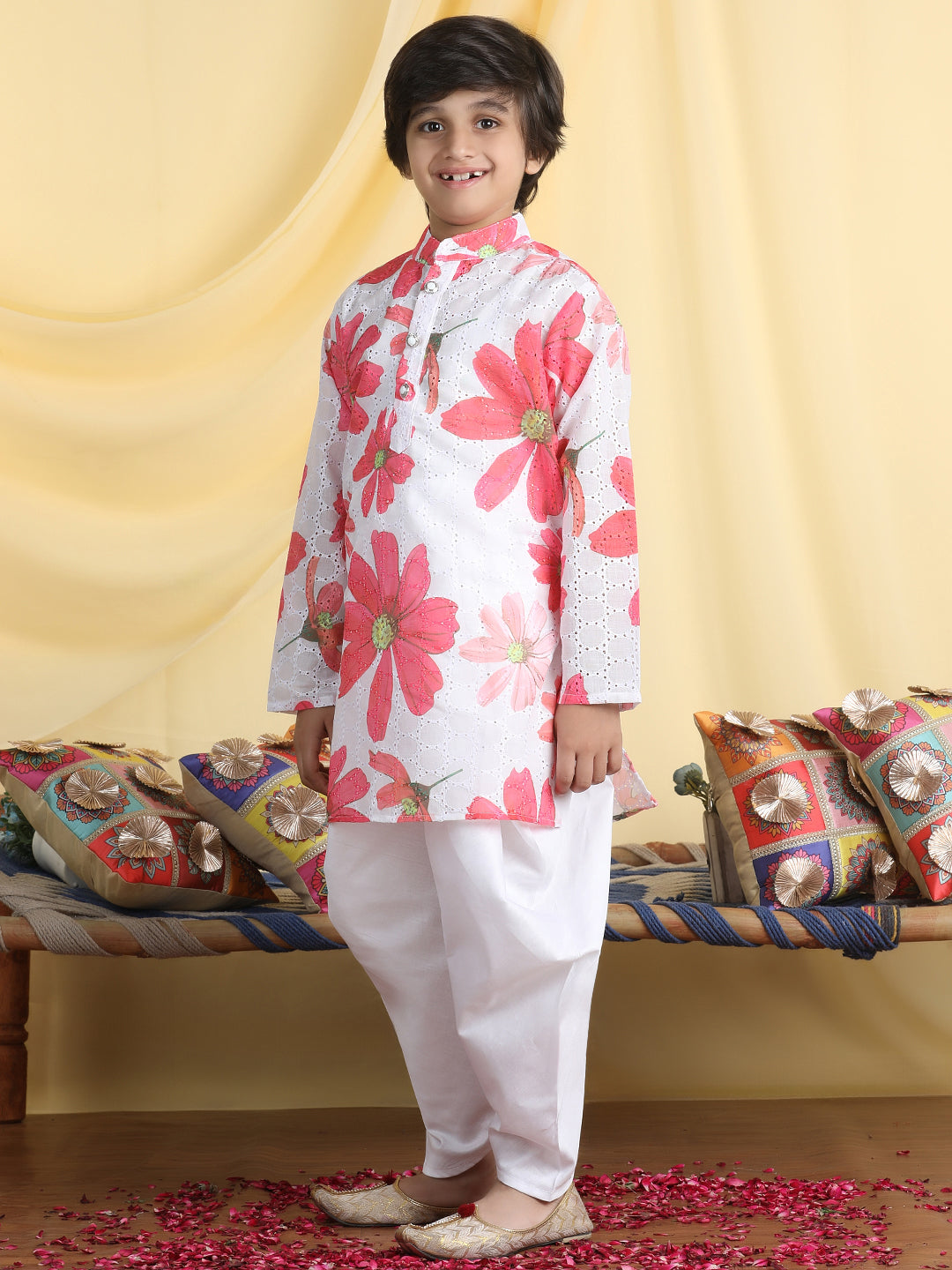 Cutiekins Boys Floral Print Mandarin Collar Kurta with Dhoti -White & Red