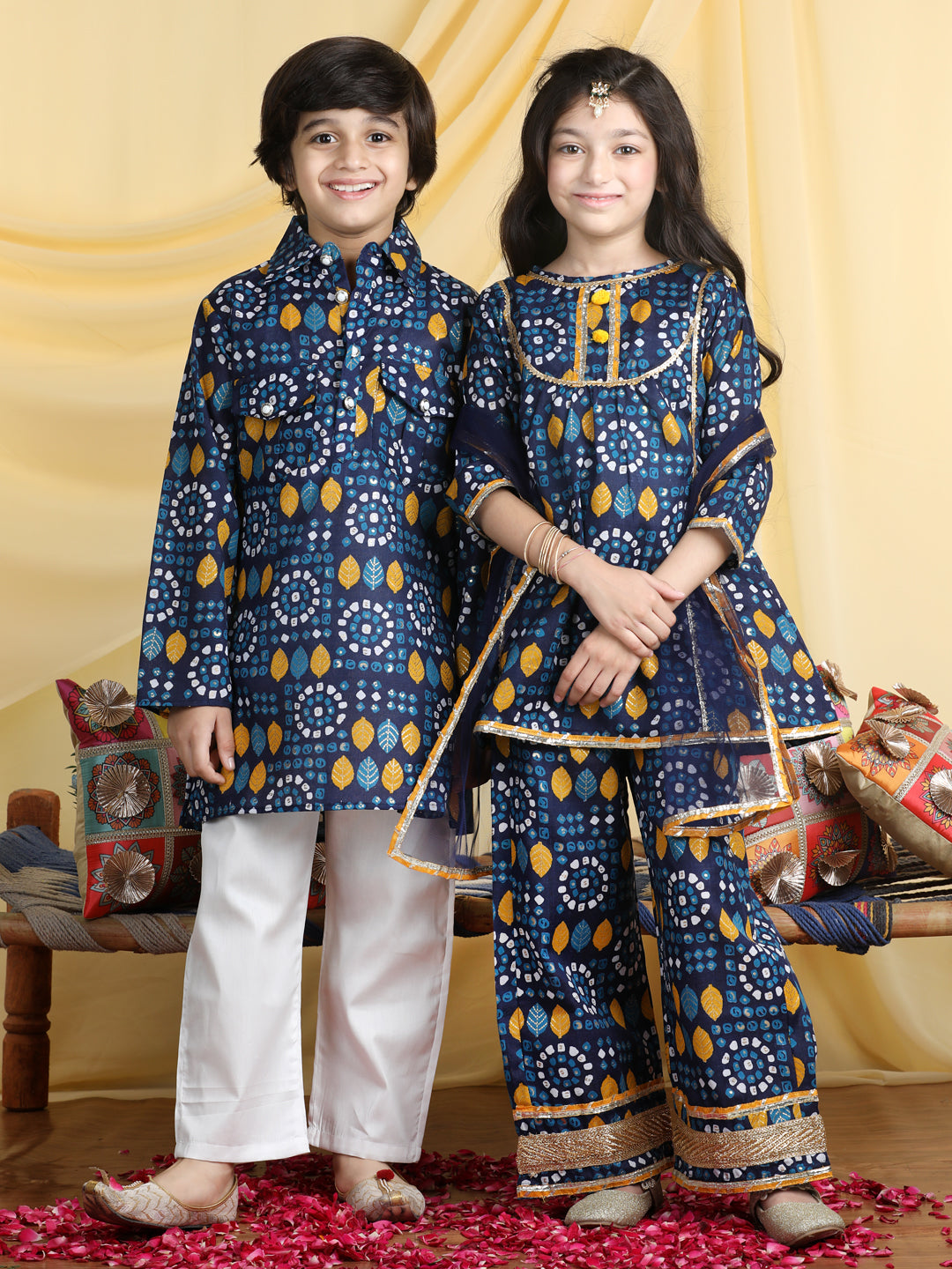 Cutiekins Boys Tropical Print Shirt Collar Kurta with Pajama -Dark Blue & White