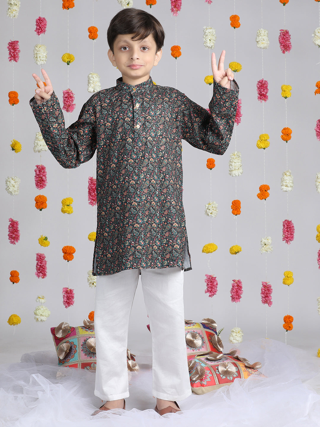 Cutiekins Boys Paisley Print Regular Kurta with Solid Pyjamas -Black & White