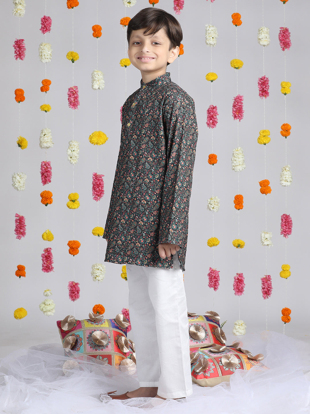 Cutiekins Boys Paisley Print Regular Kurta with Solid Pyjamas -Black & White