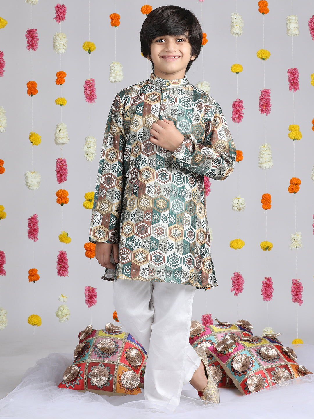 Cutiekins Boys Ethnic Motifs Printed Regular Kurta with Pyjamas -Green & White