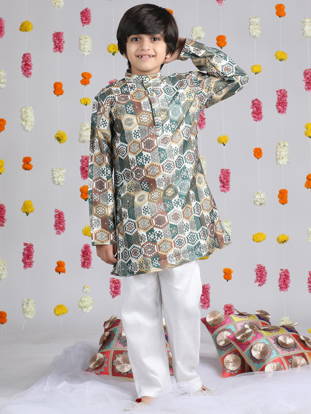 Cutiekins Boys Ethnic Motifs Printed Regular Kurta with Pyjamas -Green & White