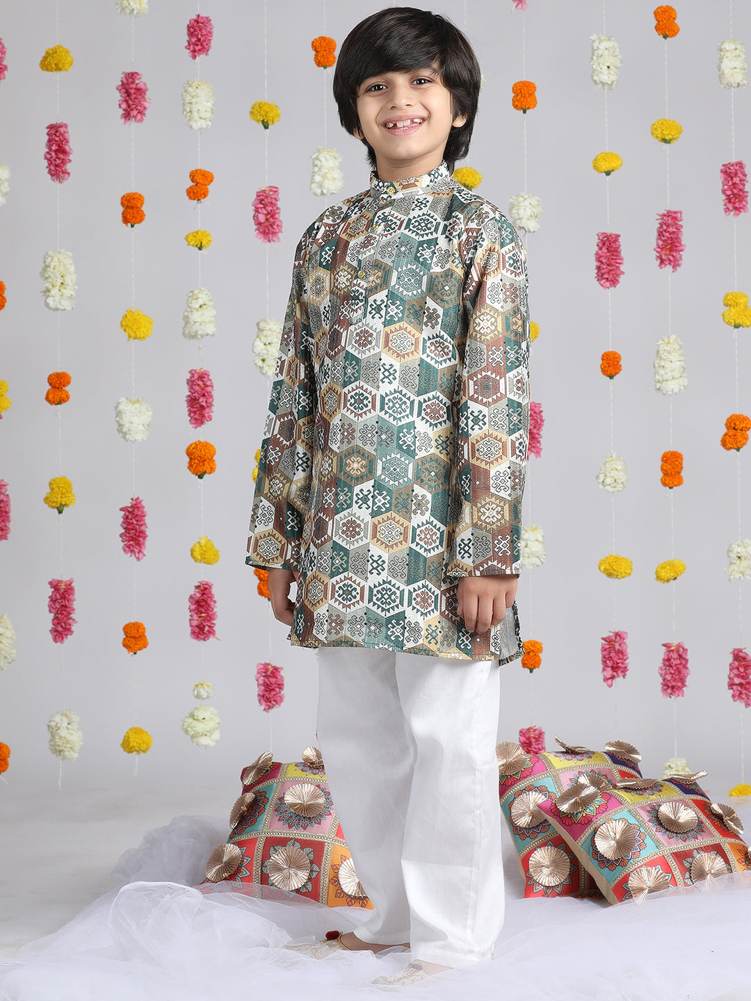 Cutiekins Boys Ethnic Motifs Printed Regular Kurta with Pyjamas -Green & White