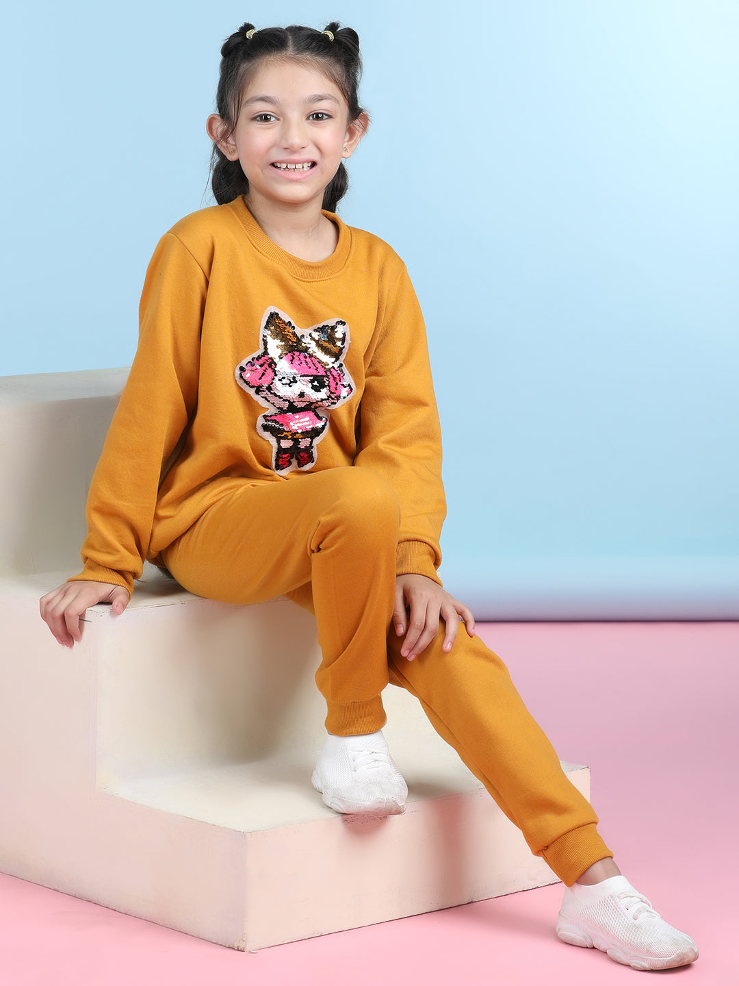 Cutiekins Girls Mustard & Pink Sweatshirt With Trackpant