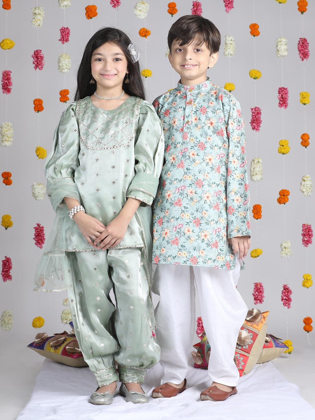 Cutiekins Boys Floral Printed Regular Kurta with Dhoti Pant -Sky Blue & White