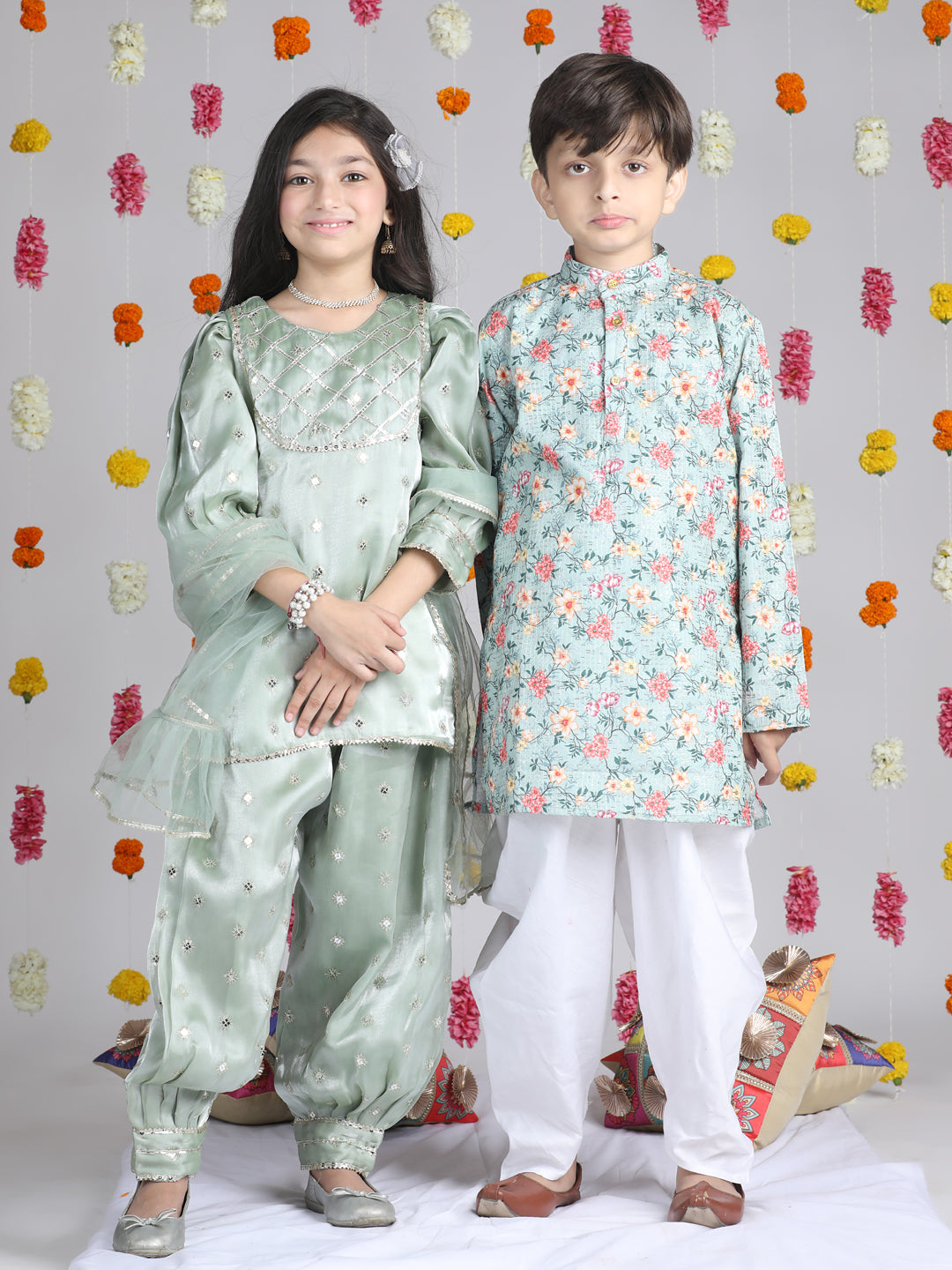 Cutiekins Boys Floral Printed Regular Kurta with Dhoti Pant -Sky Blue & White