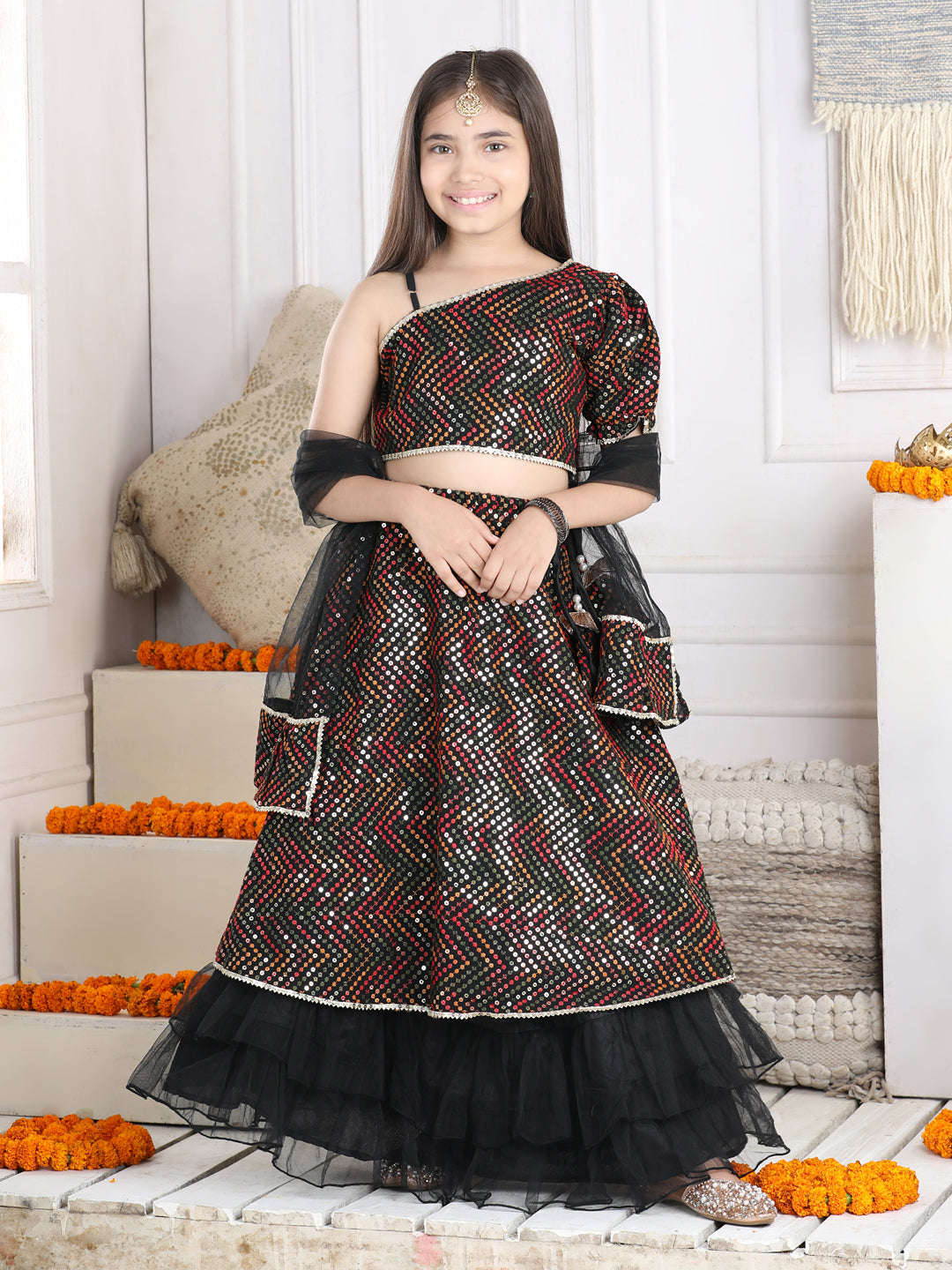 Cutiekins Sequinned Lehenga Choli & Dupatta Set-Black & Golden