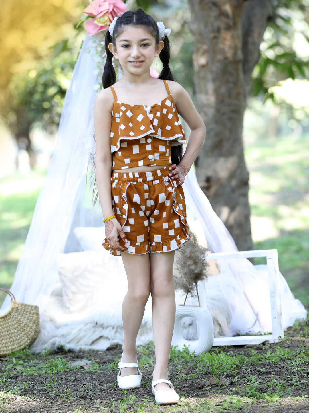 Cutiekins Shoulder Straps Printed Crop Top & Shorts Set -Brown & White