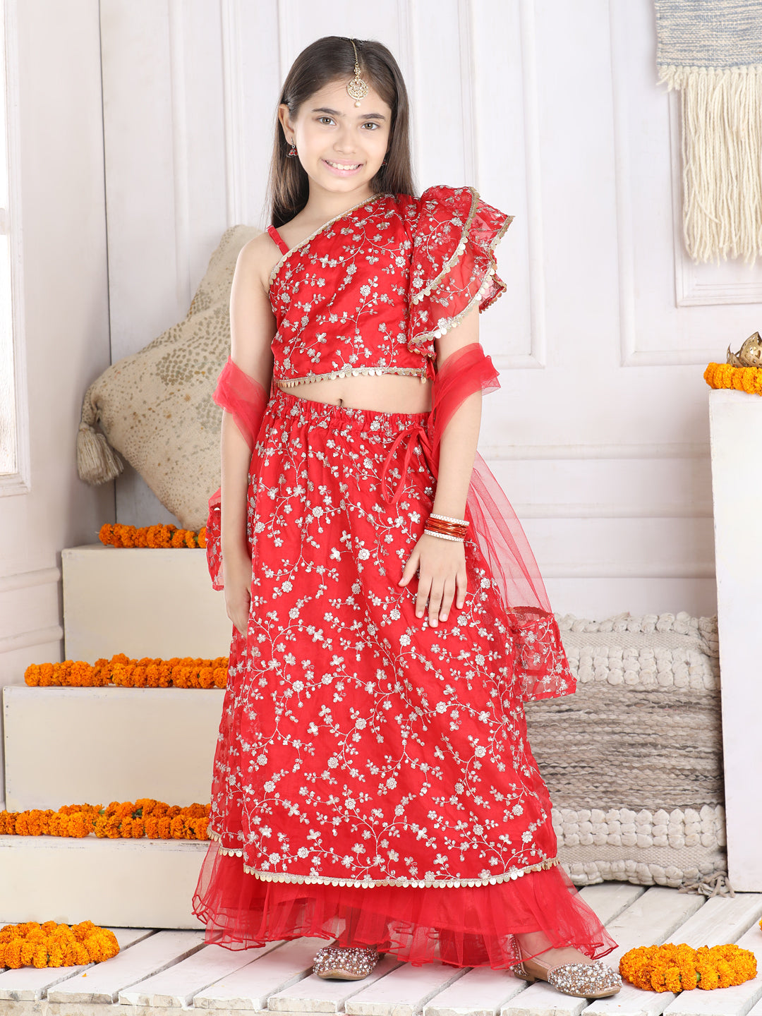 Cutiekins Sequinned Lehenga Choli & Dupatta Set-Red & Golden