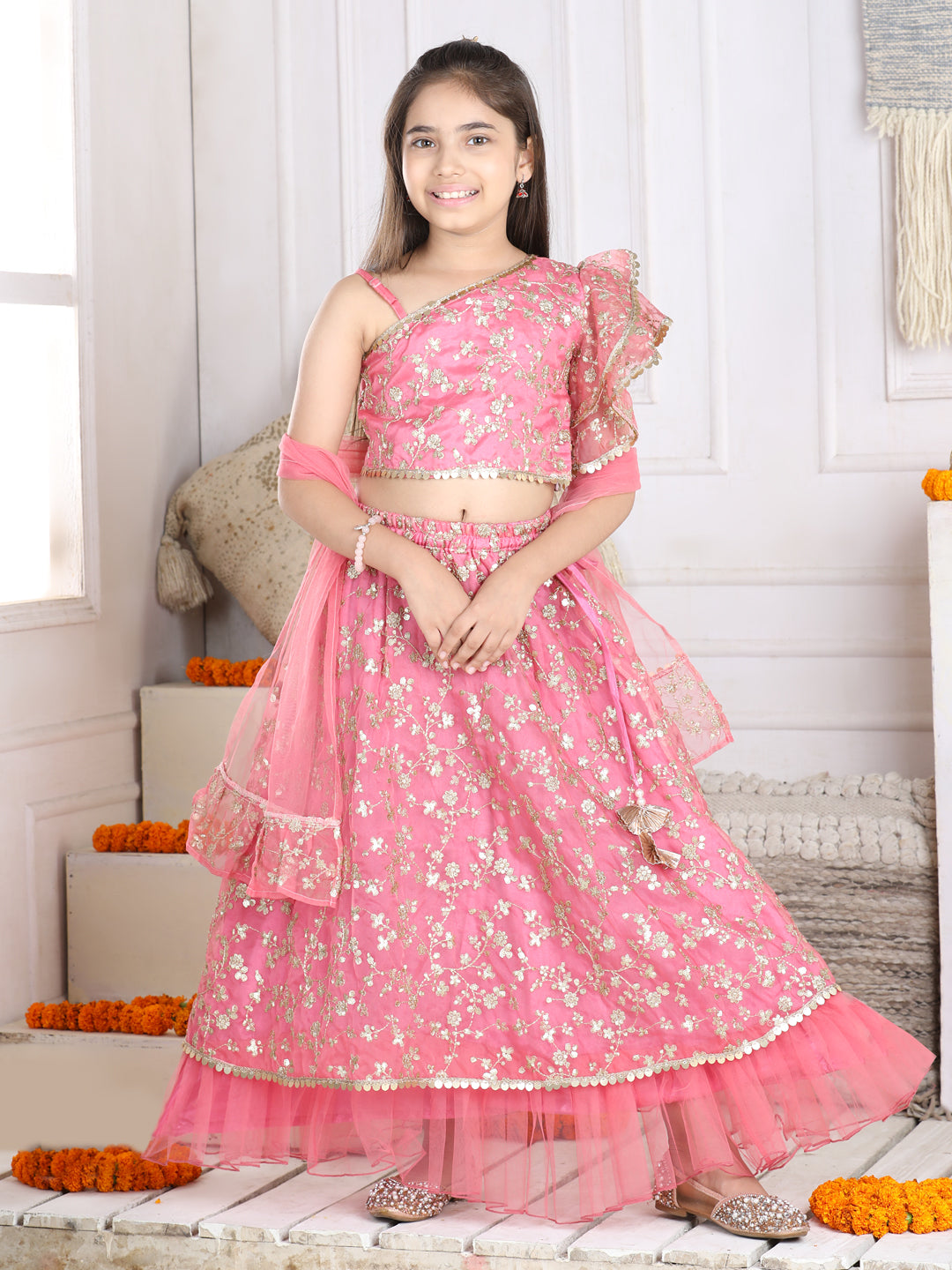 Cutiekins Sequinned Lehenga Choli & Dupatta Set-Pink & Golden