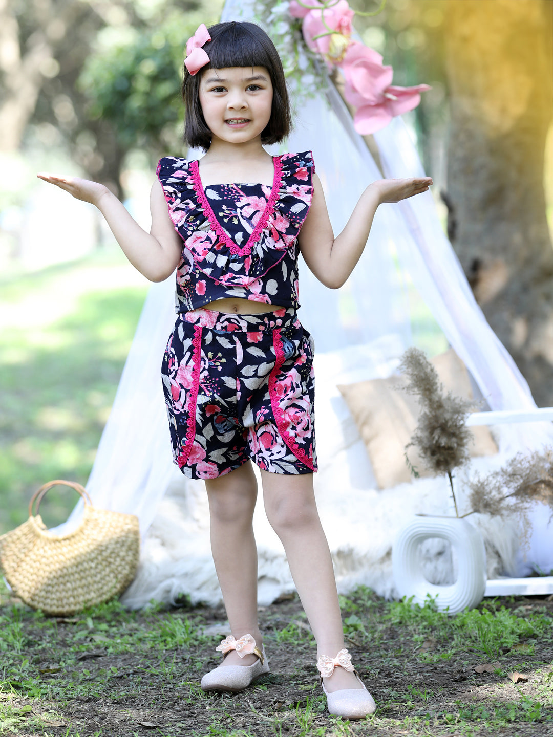 Cutiekins Square Neck Printed Crop Top & Shorts Set -Navy Blue & Pink