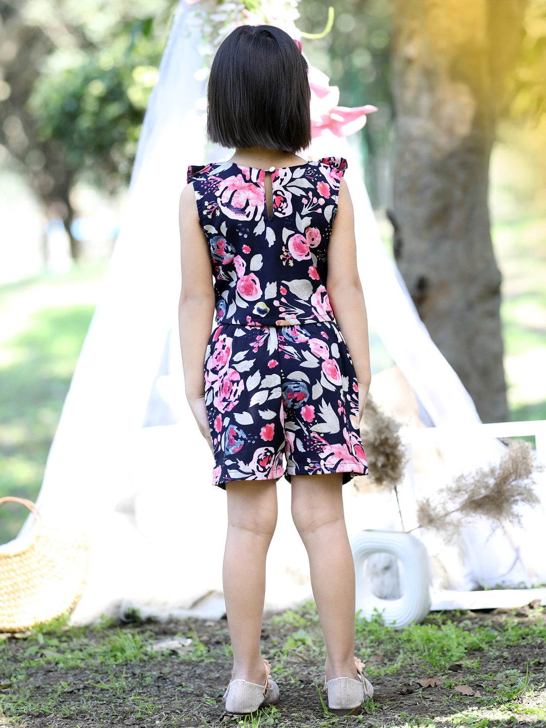 Cutiekins Square Neck Printed Crop Top & Shorts Set -Navy Blue & Pink