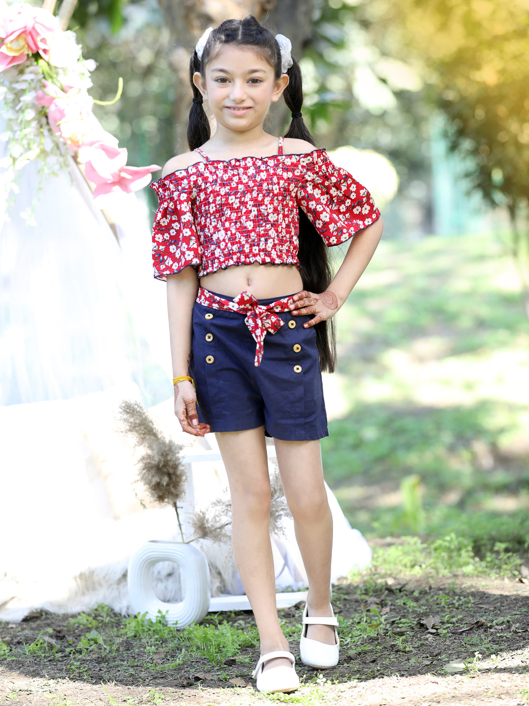 Cutiekins Shoulder Straps Printed Crop Top & Shorts Set -Red & Navy Blue